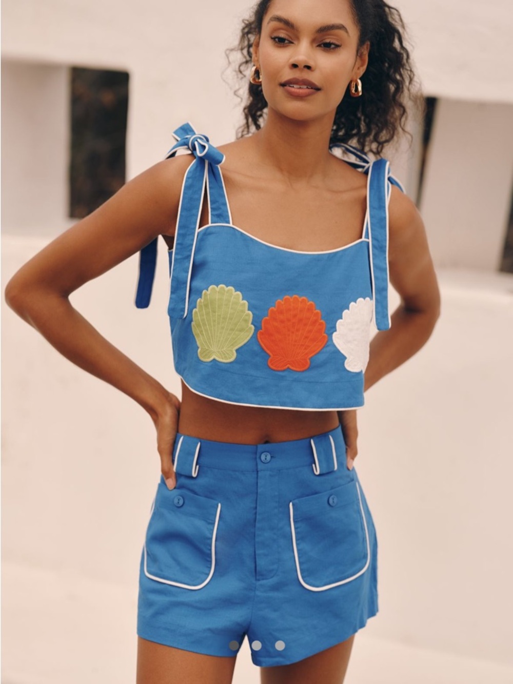 FARM Rio Blue Shell-Appliqué Tie-Shoulder Crop Top